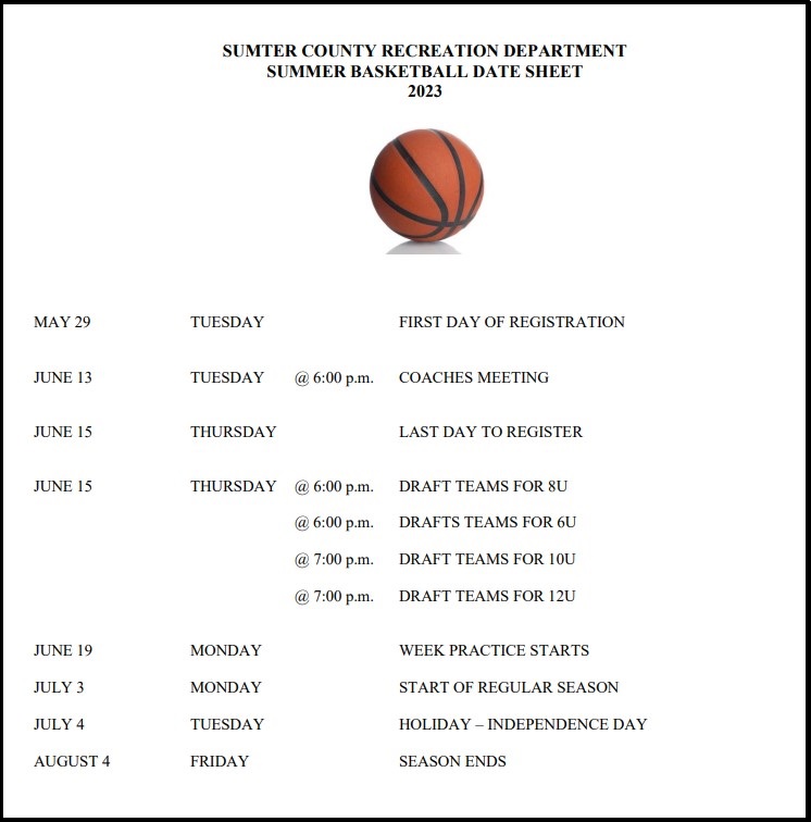 May 25 2023 Summer Basketball Date sheet 